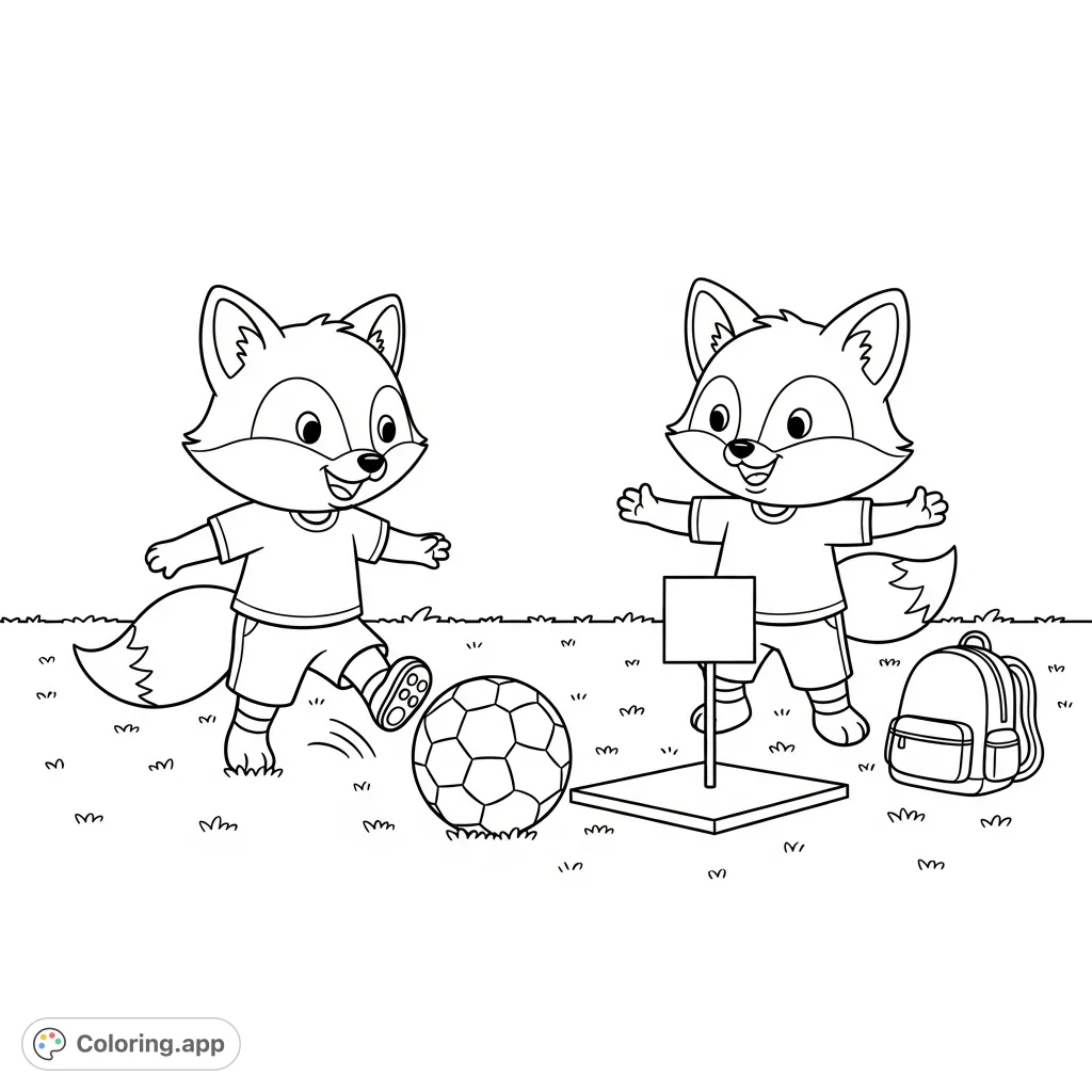 A delightful kawaii foxes coloring page featuring two happy foxes playing kickball on a grassy playground, perfect for all ages to enjoy!