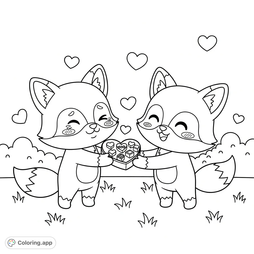An adorable kawaii foxes coloring page featuring two sweet foxes sharing a heart-shaped box of chocolates, surrounded by floating hearts and charming bushes.