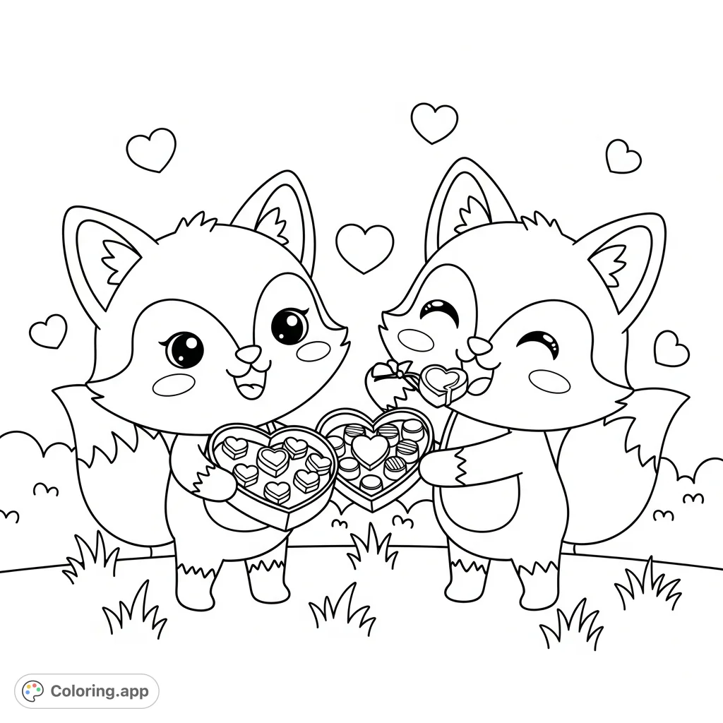 An adorable kawaii fox coloring page featuring two sweet foxes sharing a heart-shaped box of chocolates, surrounded by floating hearts and charming bushes.