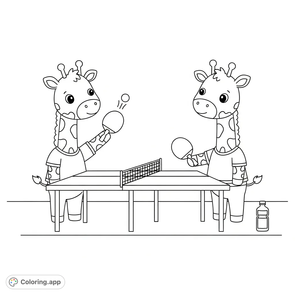 A delightful kawaii giraffes coloring page featuring two adorable giraffes enjoying a game of ping pong, perfect for adding your vibrant imagination to this free printable coloring page.