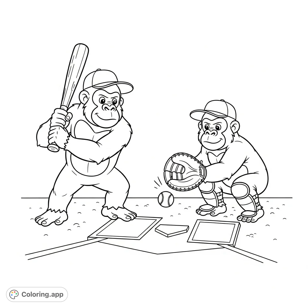 A delightful kawaii gorilla baseball coloring page featuring two happy gorillas playing at home plate. One bats, the other catches.