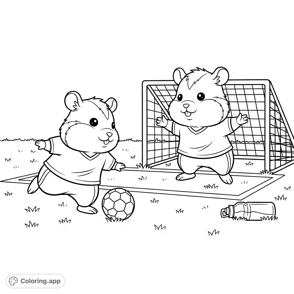 Join two adorable kawaii hamsters for a whimsical soccer match! One kicks the tiny ball while the other guards the mini net in a playful scene perfect for all ages.