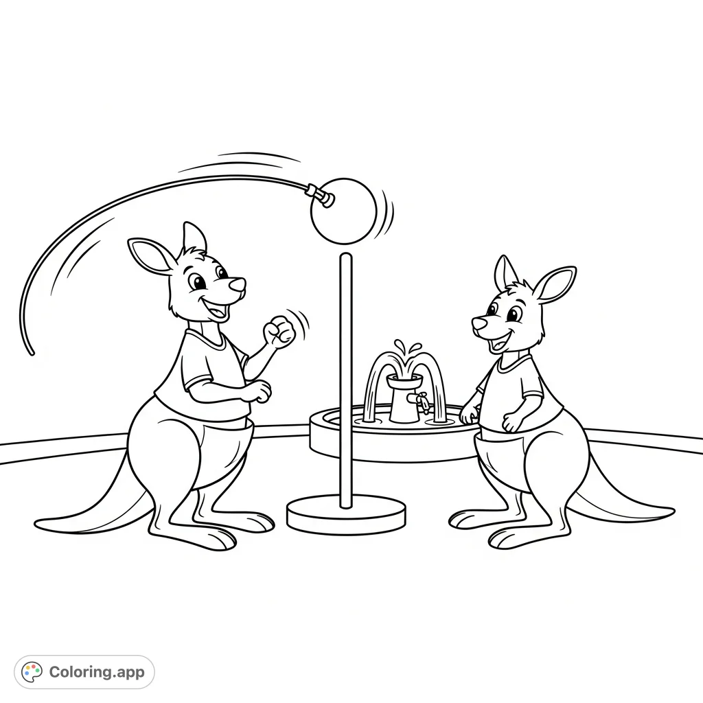 A delightful kawaii-style coloring page featuring two happy kangaroos playing tetherball in a lively playground setting. Perfect for all ages!