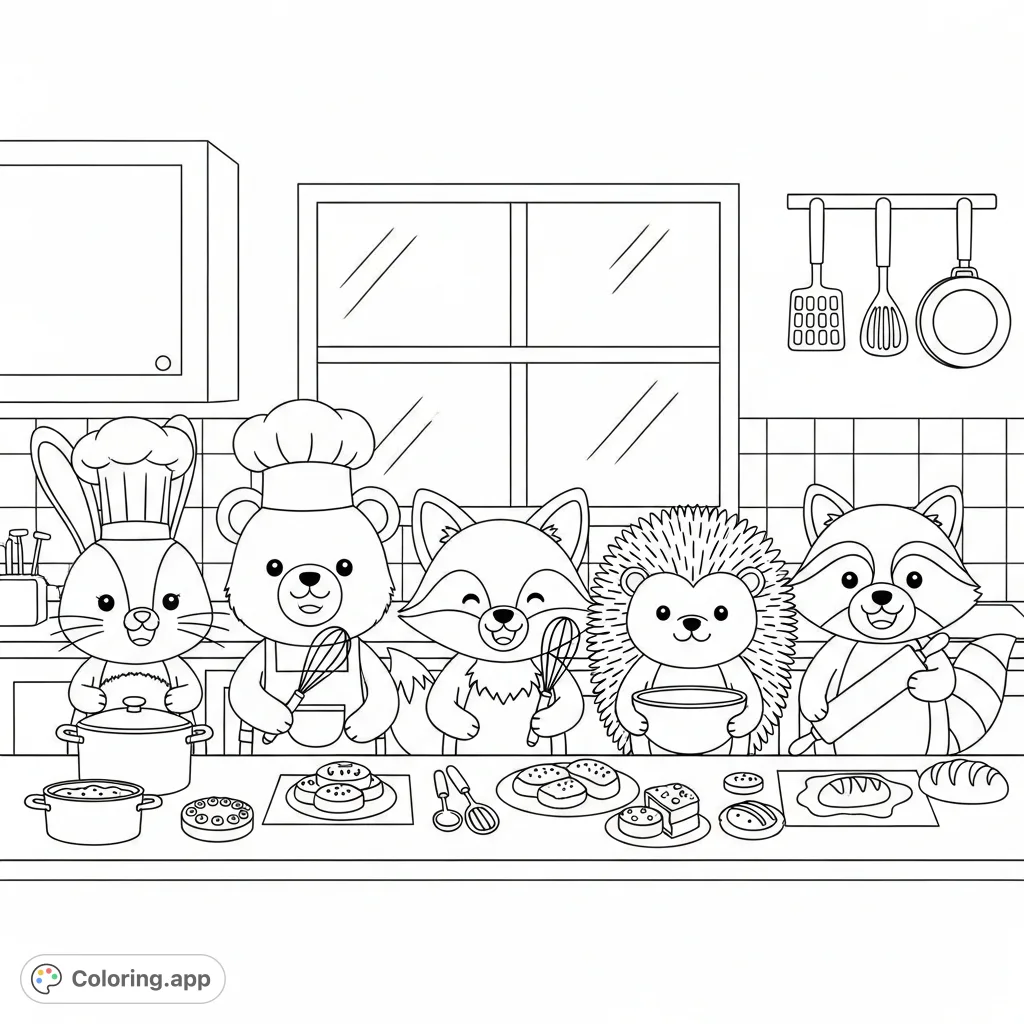 Five happy kawaii animals—bunny, bear, fox, hedgehog, and raccoon—team up in a cozy kitchen, preparing delightful baked goods. A charming scene for any coloring enthusiast.
