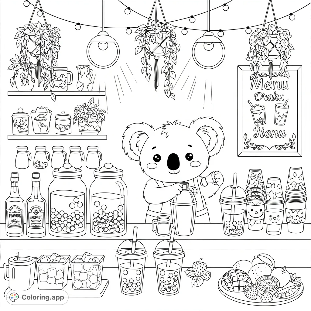 A charming kawaii koala meticulously prepares bubble tea at a cozy counter, surrounded by delightful details like layered drinks, fresh fruit, and string lights.