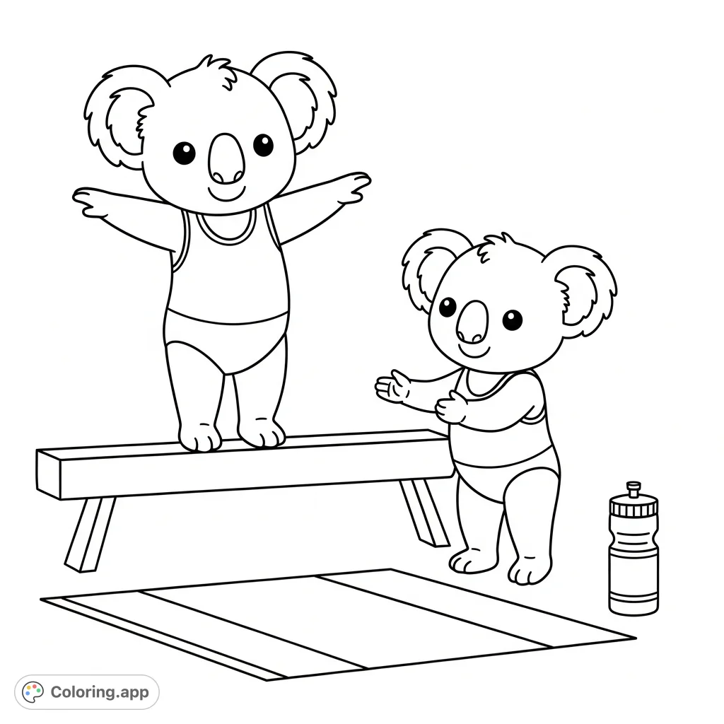 A charming kawaii koala coloring page featuring two adorable koalas doing gymnastics. One balances on a beam, the other spots, both in leotards!