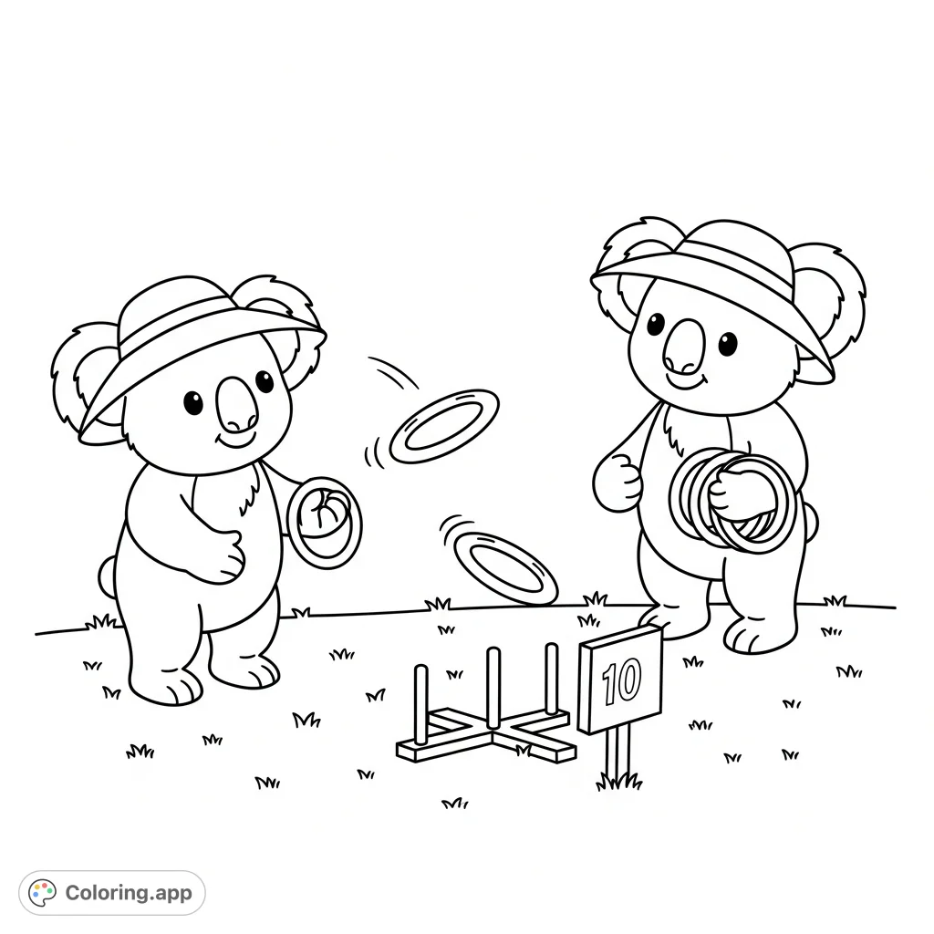 Enjoy a charming kawaii koala coloring page featuring two adorable koalas playing a lively game of ring toss on a sunny lawn. Perfect for playful creativity.