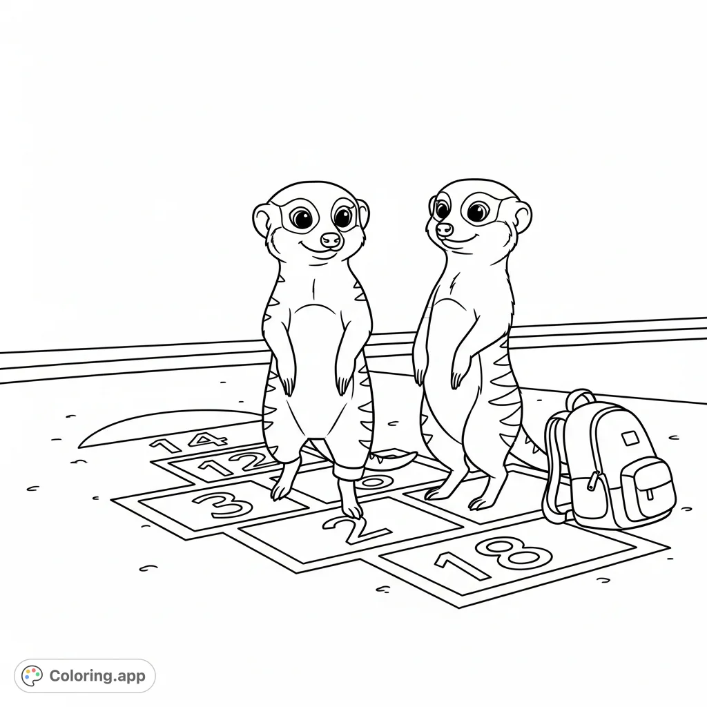 Join two happy kawaii meerkats playing hopscotch on a playground. A delightful scene with casual attire and a backpack, perfect for a cheerful coloring experience.