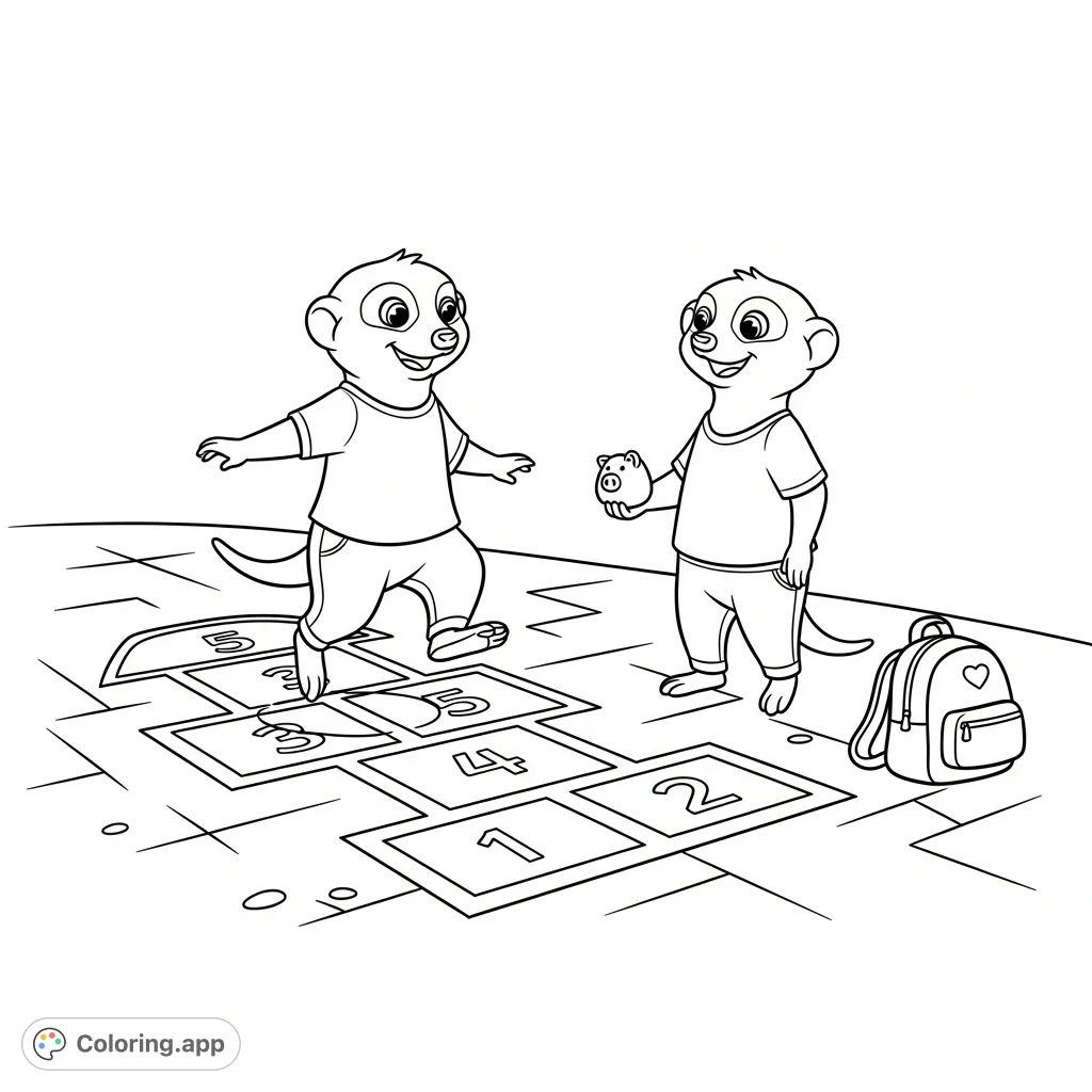 Join two adorable kawaii meerkats enjoying a lively game of hopscotch on the playground. A fun, free printable coloring page for playful imaginations.