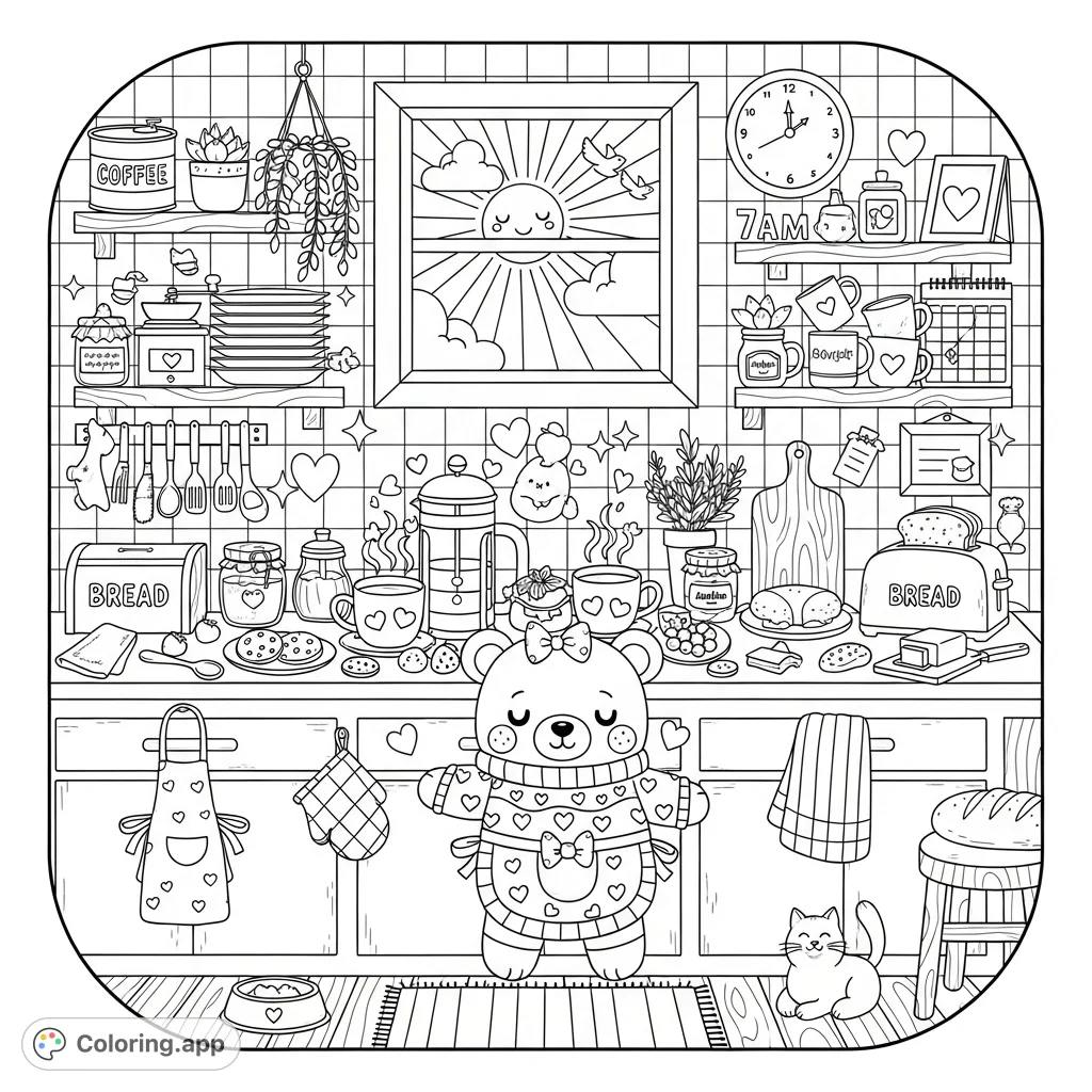 Explore a super cute and cozy kawaii kitchen scene, packed with delightful details, a sleepy bear, and a charming sunrise view. Perfect for a relaxing color session!