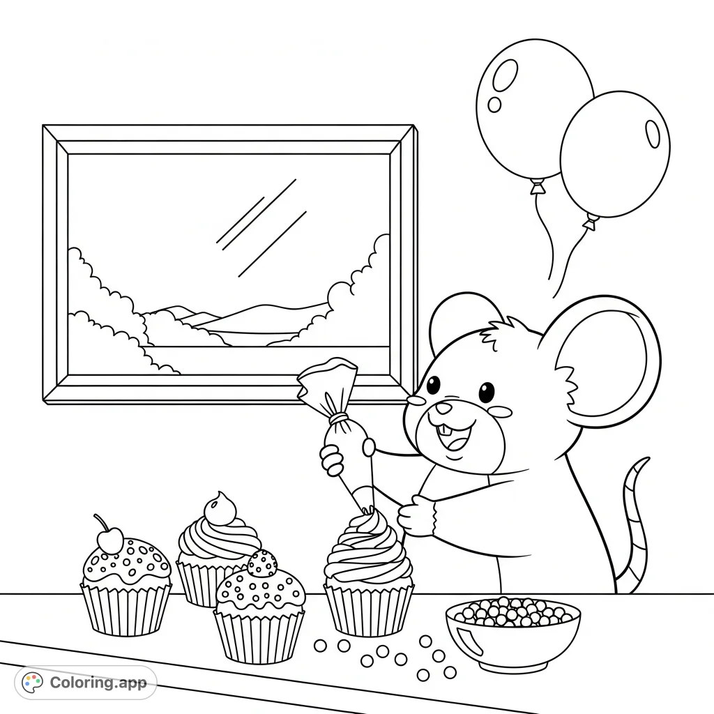 A delightful kawaii mouse expertly pipes frosting onto a cupcake, surrounded by treats and a sprinkle bowl. A charming scene for any baking enthusiast.