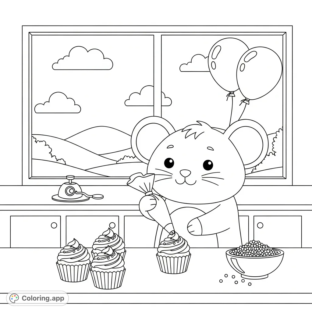 A delightful kawaii mouse bakes cupcakes, adding sweet frosting and sprinkles to treats. A charming scene for any baking enthusiast's free printable coloring page.