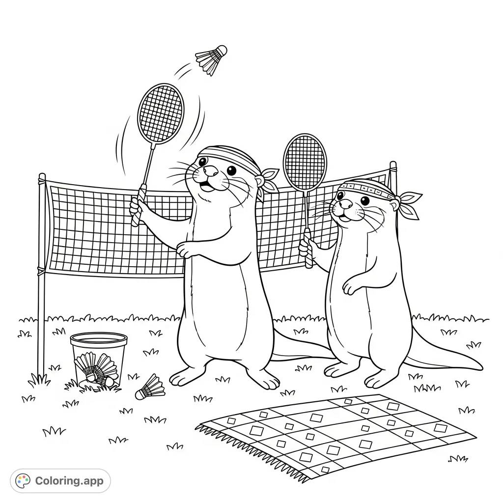 Engage with this adorable kawaii otters coloring page! Two cheerful otters enjoy a game of badminton in a cozy backyard setting.