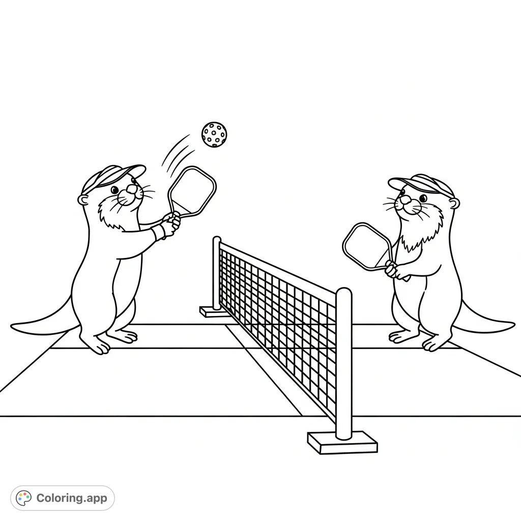 A delightful kawaii otters pickleball coloring page featuring two adorable otters mid-game. Perfect for enthusiasts of cute animals and sports.
