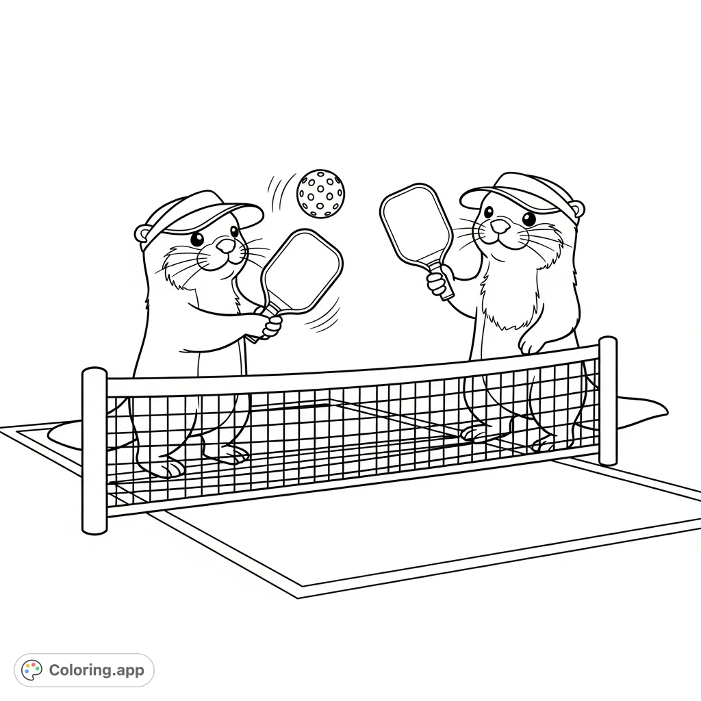 Enjoy a charming kawaii otters pickleball coloring page! Two happy otters play on court, one hitting a wiffle ball, the other ready.