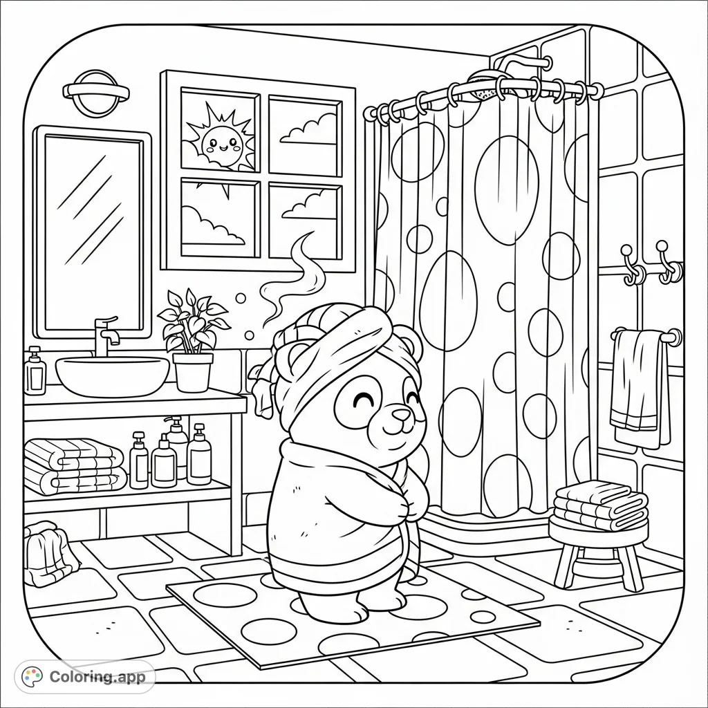 A charming Kawaii panda, refreshed from a shower, wrapped in cozy towels in a welcoming bathroom with simple patterns. A delightful panda coloring page.