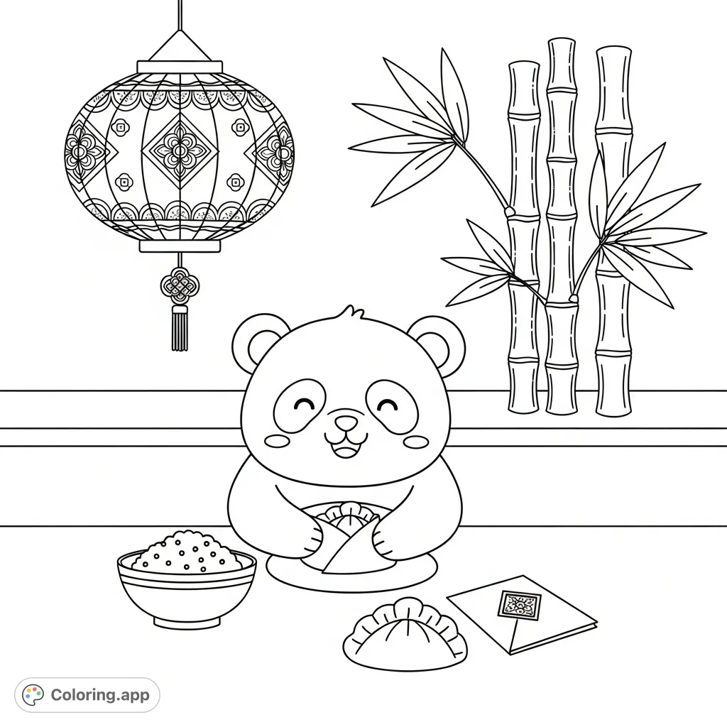 A delightful kawaii panda joyfully folds a dumpling for a special celebration. This free printable coloring page is filled with charming details and a festive atmosphere.