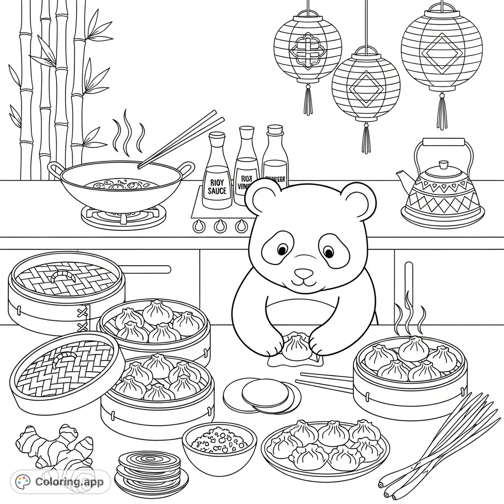A charming kawaii panda crafts dumplings in a detailed Chinese kitchen, surrounded by steamers, ingredients, and traditional decor, inviting a cozy coloring experience.