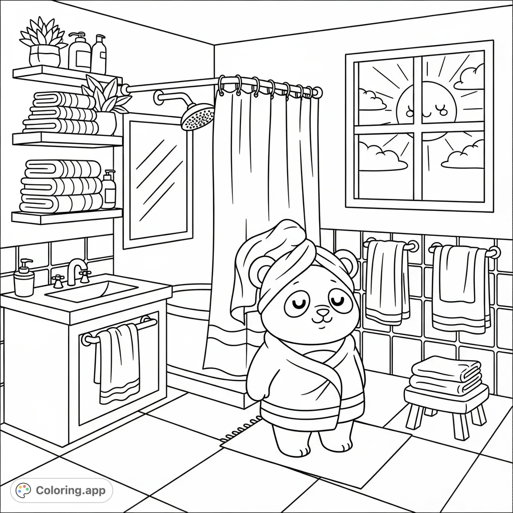 Experience a delightful morning with a kawaii panda enjoying a post-shower moment in a charming bathroom, complete with cheerful sunrise and cozy details.