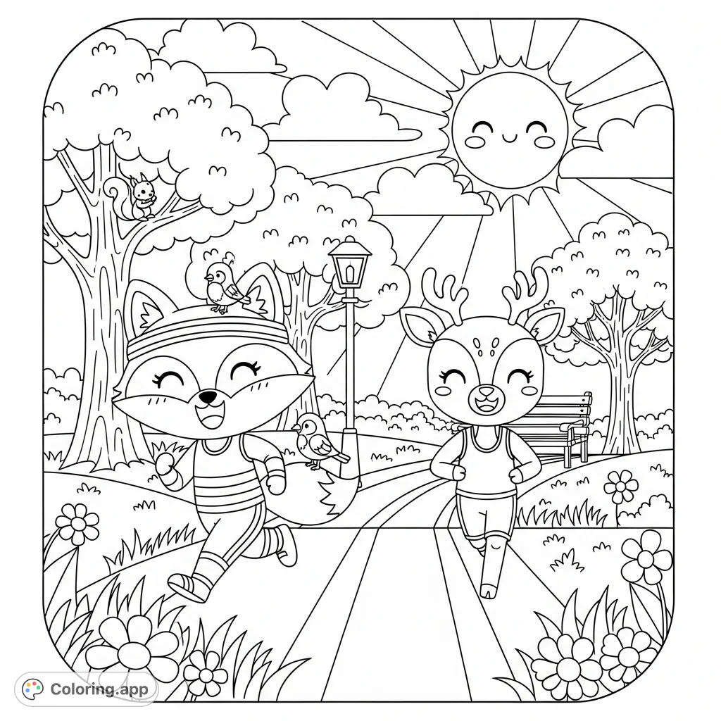 A delightful kawaii fox and deer jog through a sunny park. Features large, simple patterns, thick outlines, and a cozy morning atmosphere.