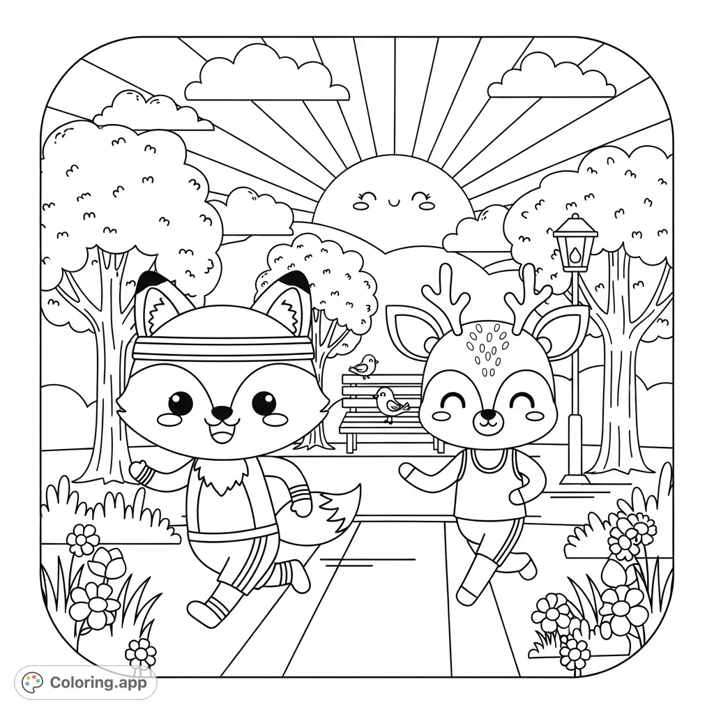 A delightful Kawaii fox and deer jog through a sunny park scene, featuring a happy sun, trees, and flowers. A cheerful free printable coloring page for all ages!