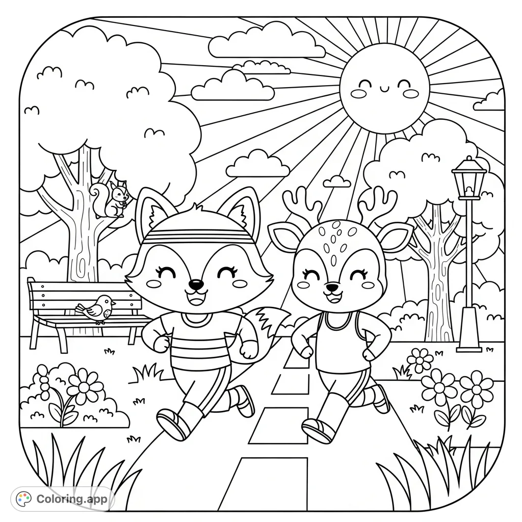 Join a kawaii fox and deer jogging through a sunny park, complete with a friendly sun, trees, and flowers. A delightful scene for creative coloring fun!