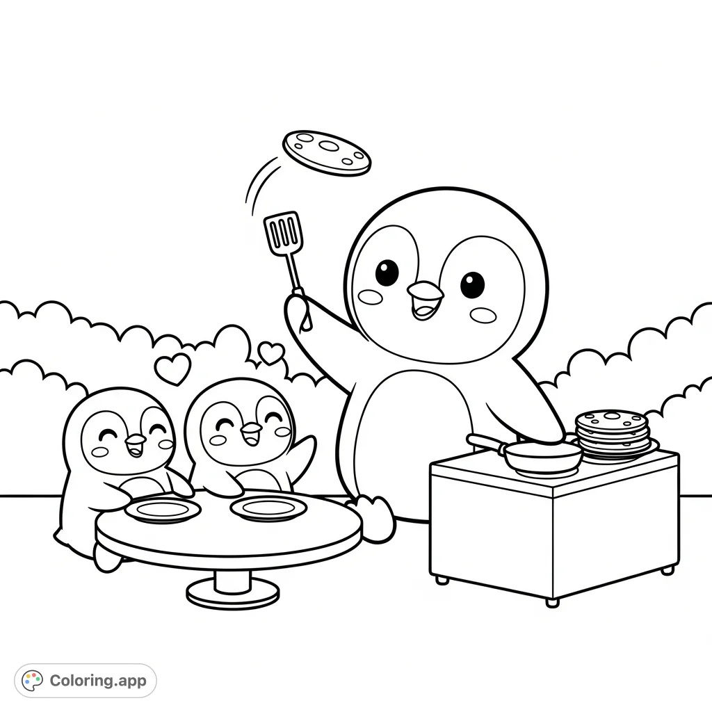 A delightful kawaii penguin family coloring page featuring a cheerful dad flipping pancakes for his eager kids, radiating warmth and happiness.