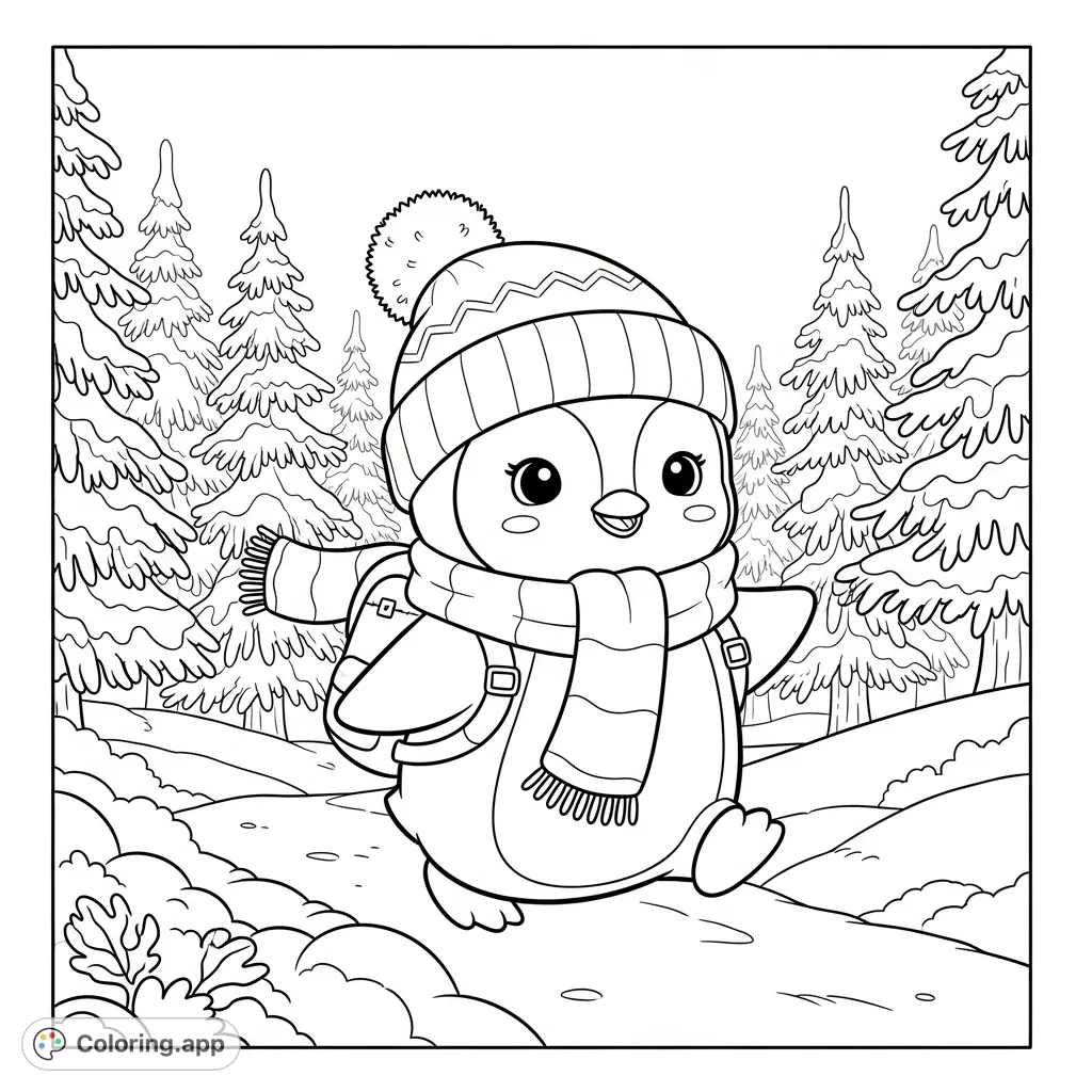 An adorable kawaii penguin in a scarf and hat, hiking through a snowy pine forest. A delightful free printable winter forest coloring page for kids!