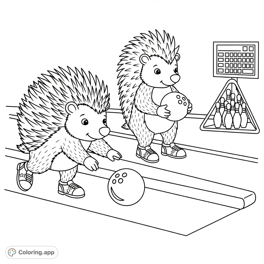 Two adorable kawaii porcupines enjoy a game of bowling, one rolling the ball, the other ready. A charming scene for a relaxing coloring experience.
