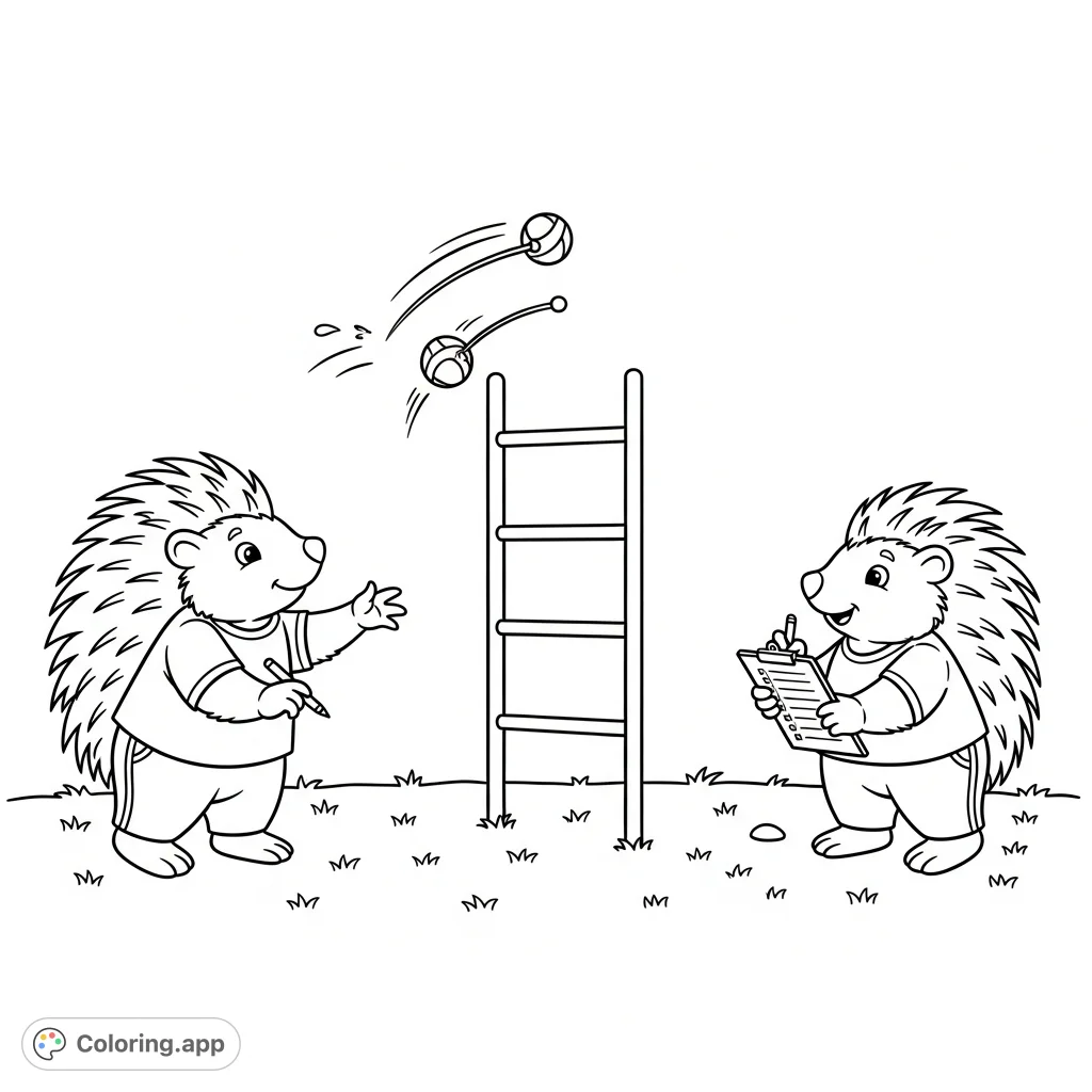 Join two adorable kawaii porcupines playing ladder toss in a cozy backyard. A delightful scene for creative coloring fun!