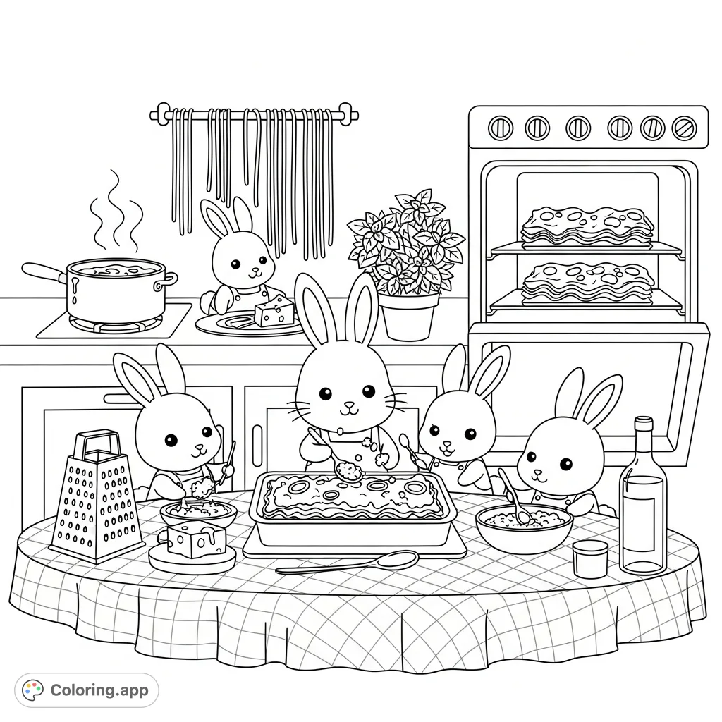 Discover a charming Italian kitchen coloring page featuring kawaii rabbits making lasagna. Delight in details like hanging pasta, basil, and a cozy checkered cloth.