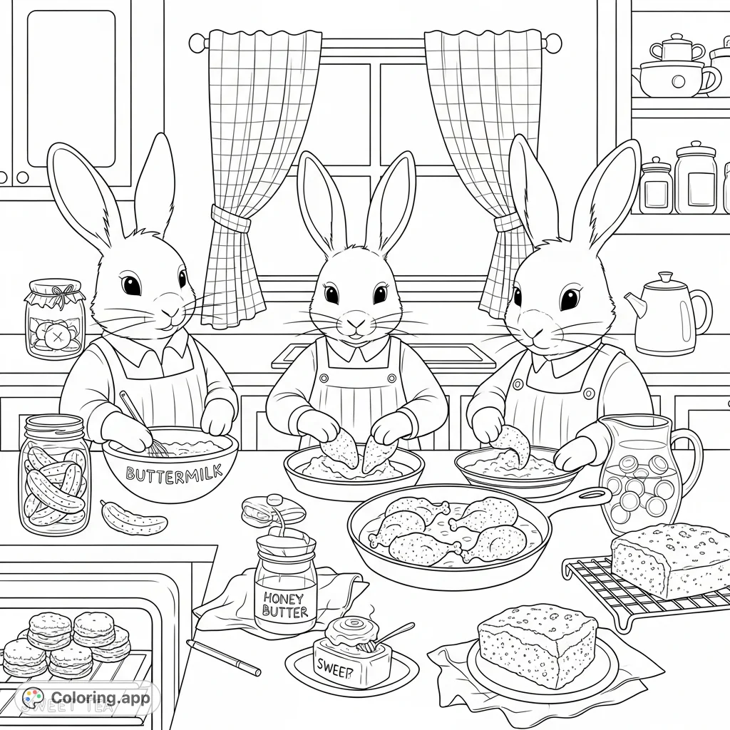 Step into a cozy Southern farmhouse kitchen with three adorable kawaii rabbits preparing a delicious meal. Features fried chicken, biscuits, and sweet tea!