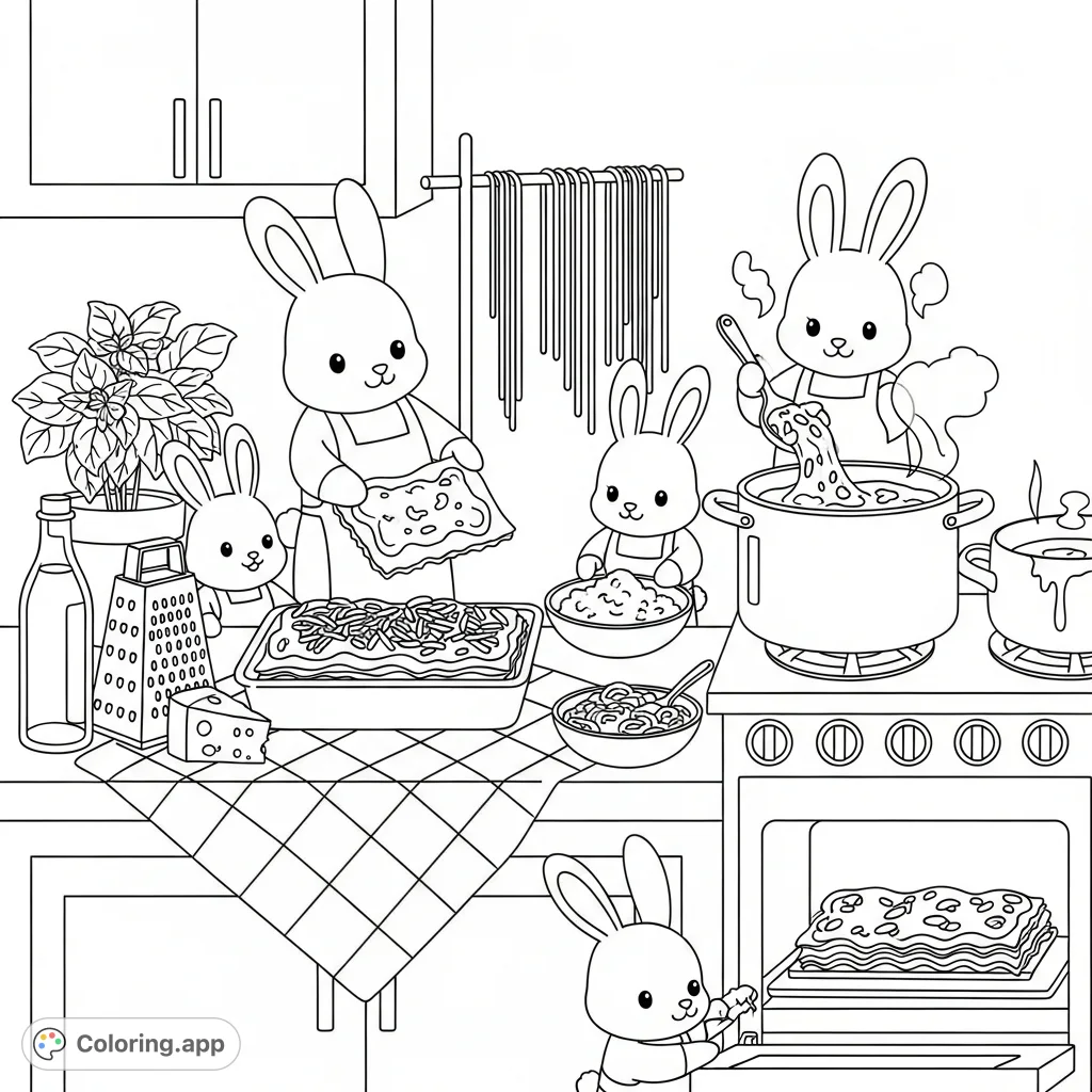 A charming Italian kitchen scene where a family of kawaii rabbits bakes lasagna. Features steaming sauce, hanging pasta, and cheerful cooking action.