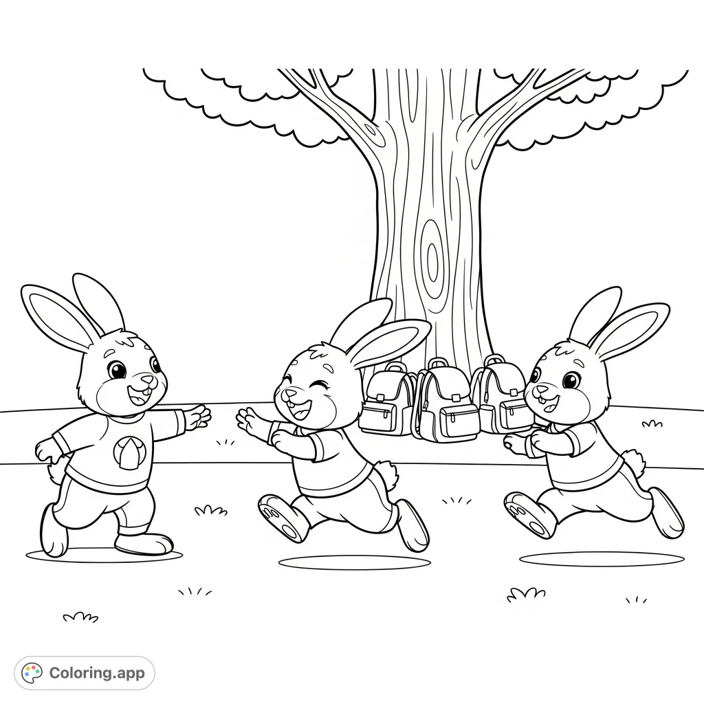 Color adorable kawaii rabbits enjoying a lively game of tag on a playground. This free printable coloring page offers a simple, happy scene perfect for relaxation.