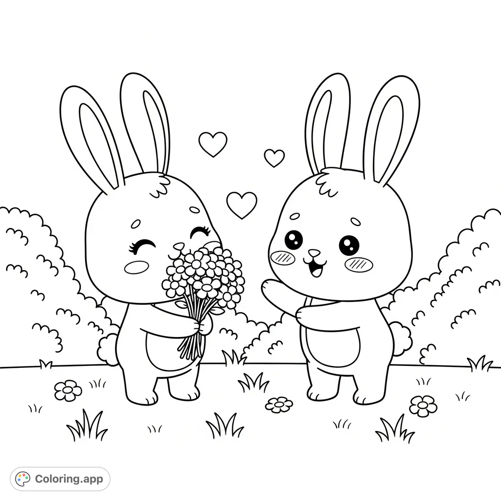 Adorable kawaii rabbits share a sweet moment with flowers and floating hearts, perfect for a cozy coloring experience. Charming and simple design.