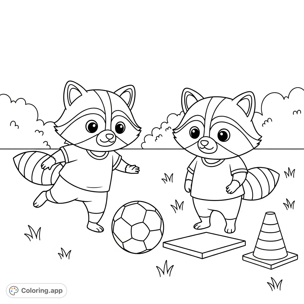 A charming kawaii coloring page featuring two adorable raccoons playing kickball, complete with a ball, base, and traffic cone. Perfect for playful coloring!
