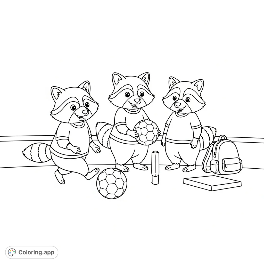 A delightful coloring page featuring three cheerful kawaii raccoons playing kickball on a playground, complete with team shirts and a ball.