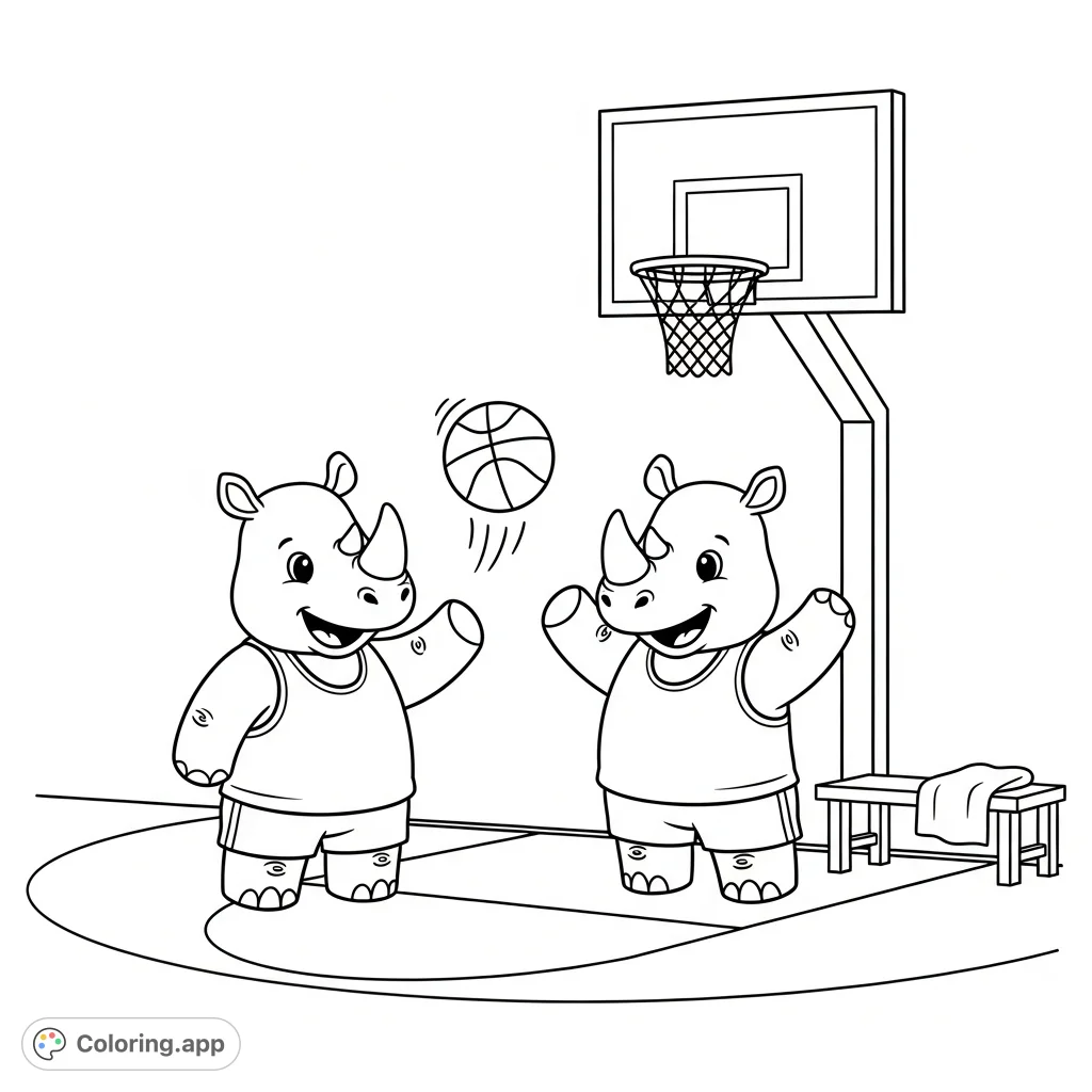 A charming free printable kawaii rhinos basketball coloring page. Two joyful rhinos play on the court with a bouncing ball and hoop, perfect for playful coloring fun.