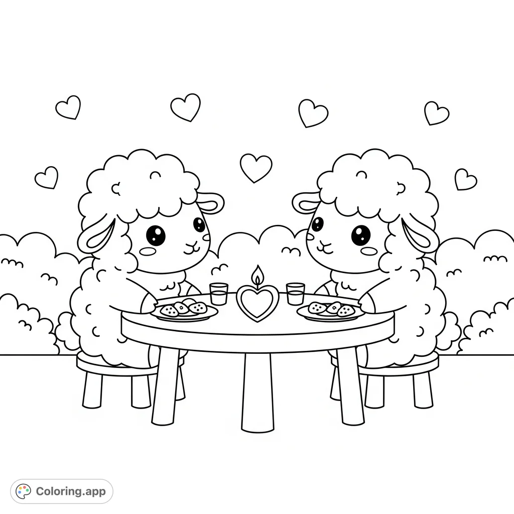 A charming kawaii sheep coloring page featuring two adorable sheep enjoying a cozy meal together, surrounded by floating hearts and simple scenery.