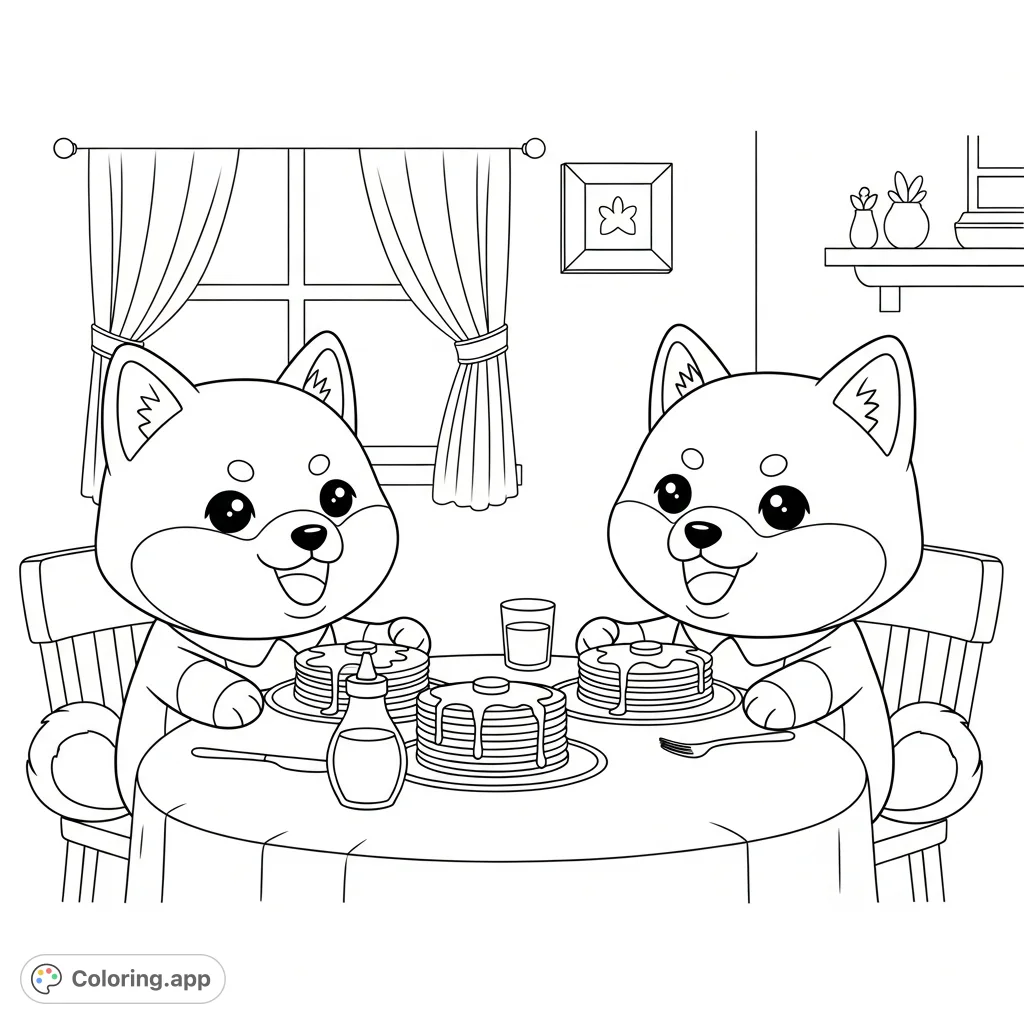 A delightful kawaii-style shiba inu coloring page featuring two anthropomorphic dogs joyfully eating pancakes together at a cozy table. Perfect for kids!