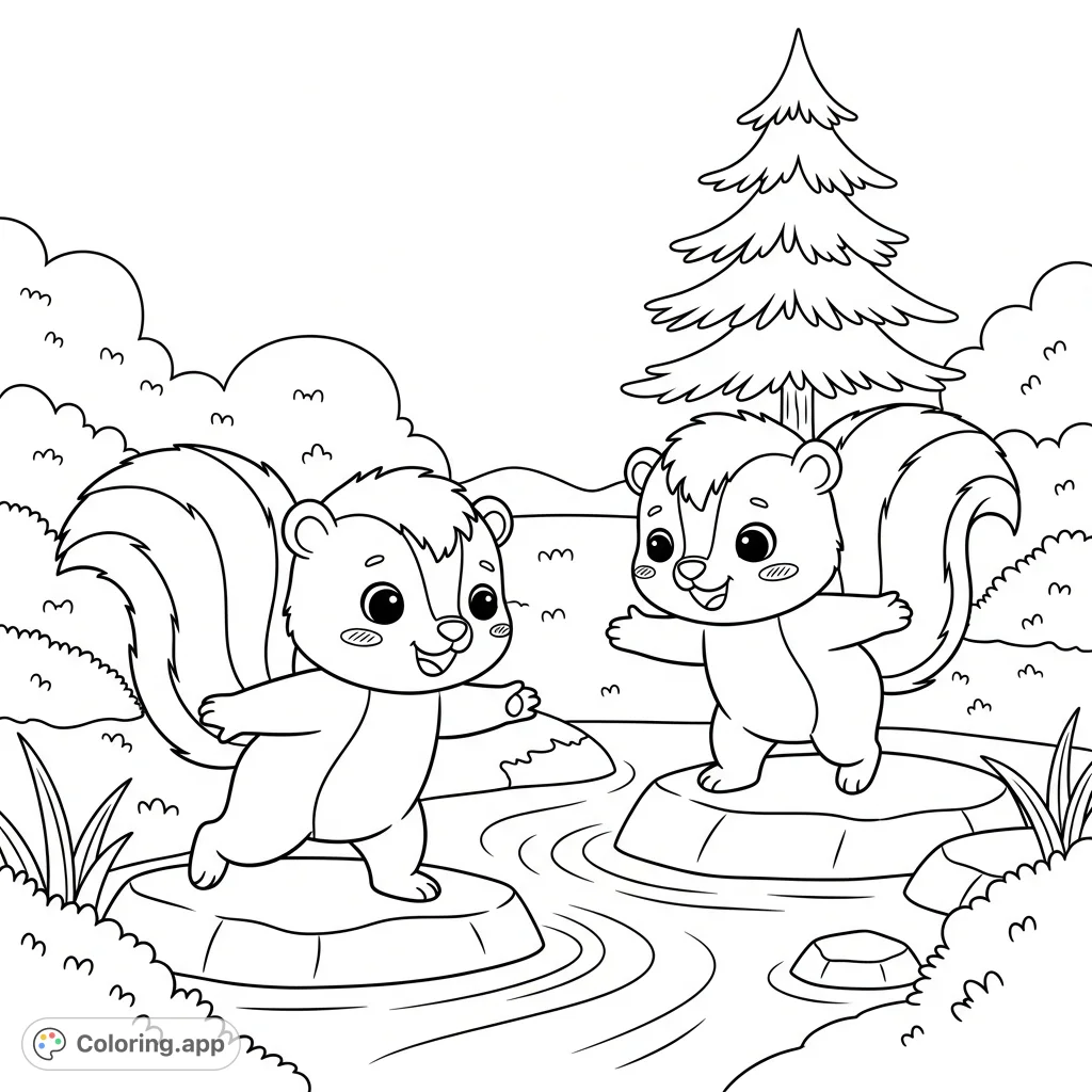 Two adorable kawaii skunks with big eyes and striped tails carefully cross a stream on stepping stones. A heartwarming and cute nature scene perfect for coloring.