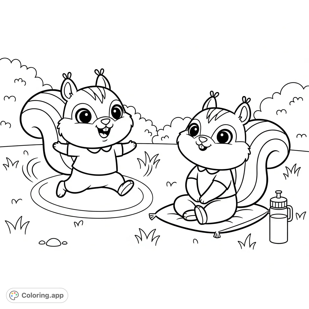 A delightful kawaii squirrels coloring page featuring two charming squirrels playing in a simple outdoor setting, perfect for all ages.