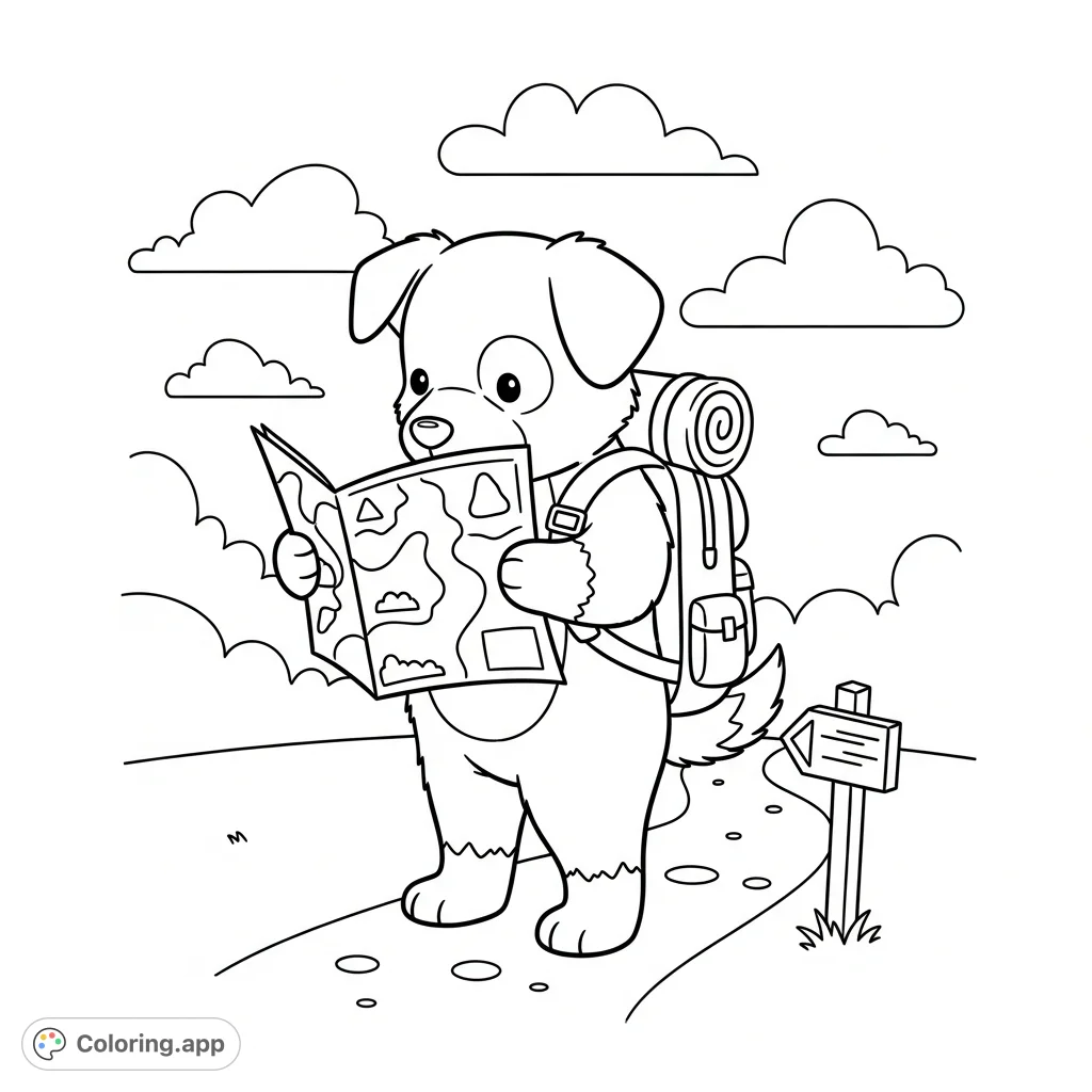 A cozy kawaii dog stands upright, studying a trail map with its backpack, ready for adventure. This charming free printable coloring page invites a delightful coloring journey.