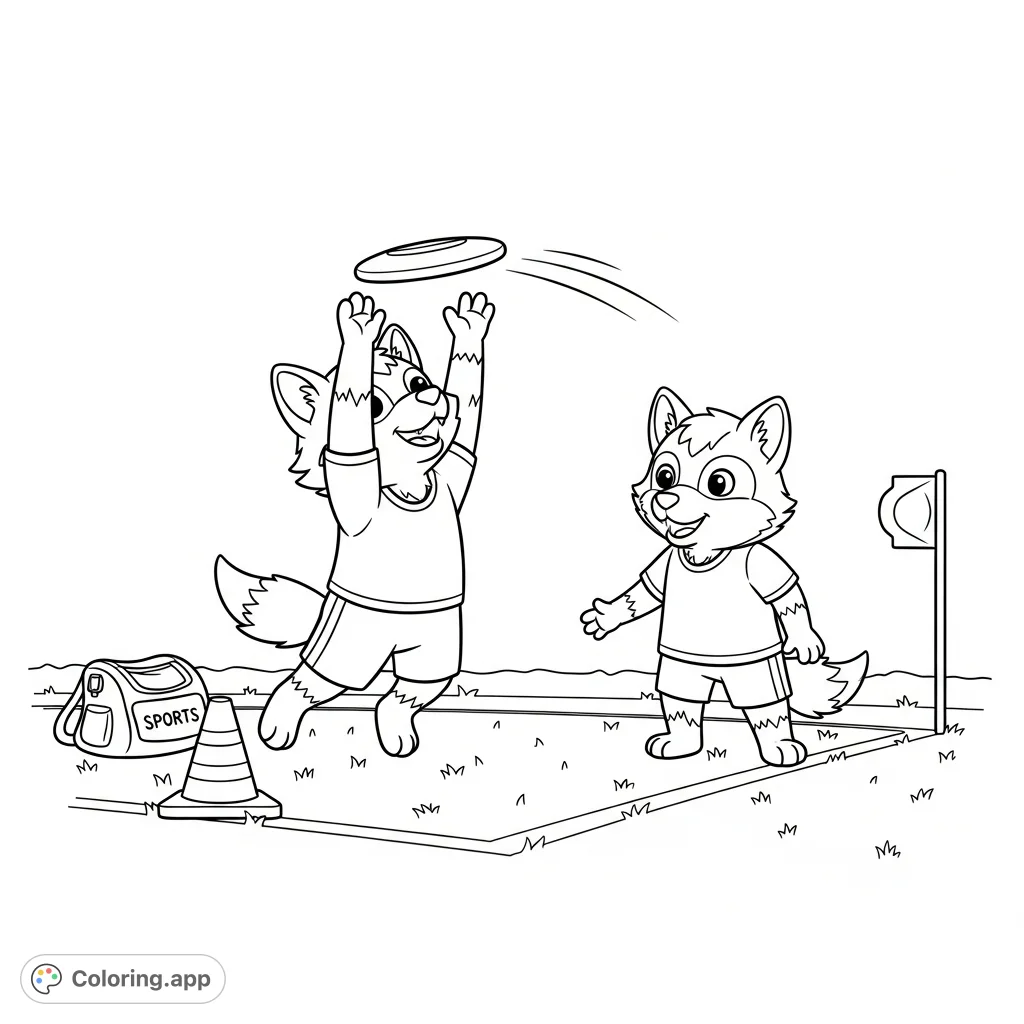 A delightful kawaii ultimate frisbee coloring page featuring two happy wolves in athletic gear, mid-game on a grassy field with a flying disc. Perfect for adults!