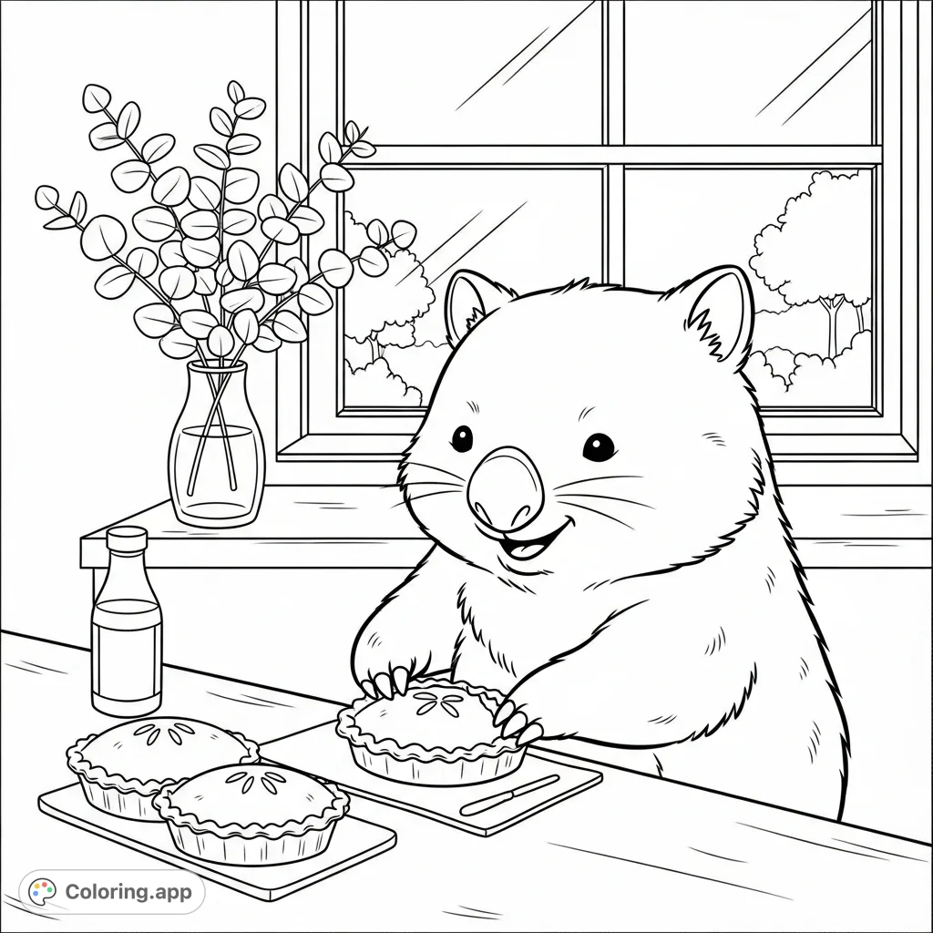 Discover a charming kawaii wombat baking pies in a cozy kitchen, complete with finished treats and a scenic window view. A delightful scene for all ages.