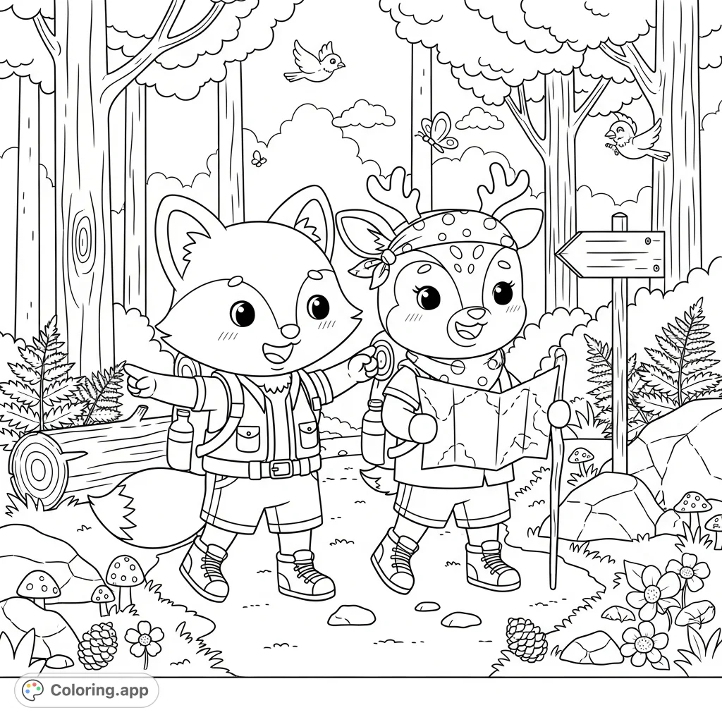 Join a cute bipedal fox and deer on a charming forest hike! This kawaii coloring page features smiling animal adventurers exploring a detailed woodland path.