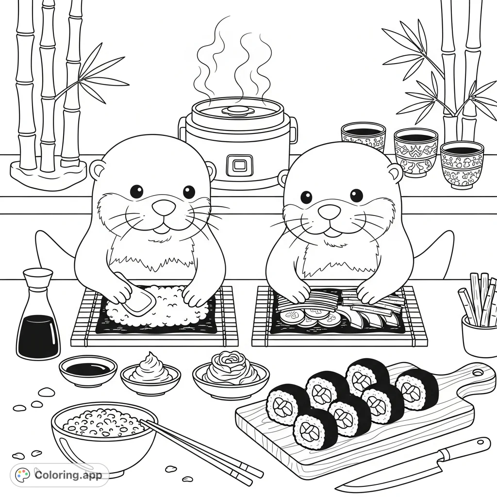 Charming kawaii otters craft sushi rolls in a detailed Japanese kitchen scene, complete with ingredients, traditional elements, and cozy culinary ambiance.