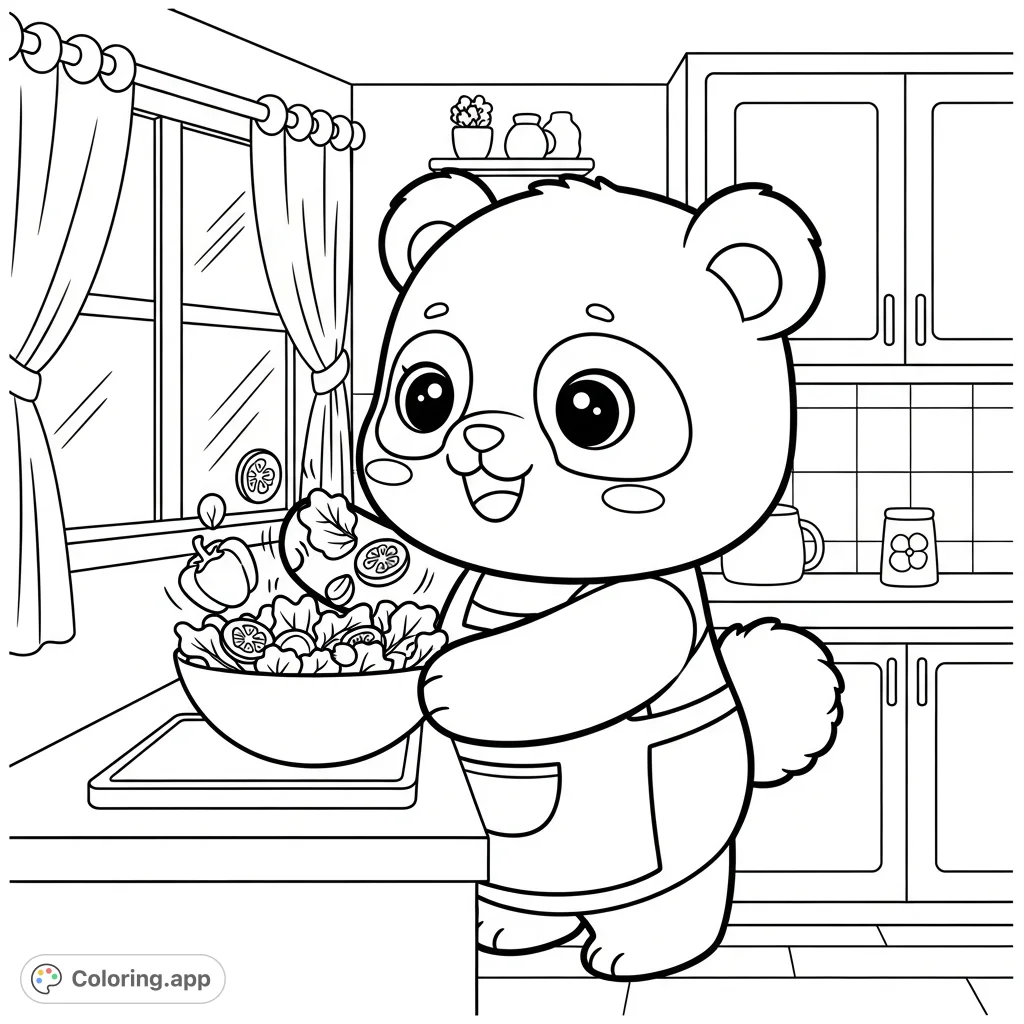 A delightful kawaii-style anthropomorphic panda in an apron, happily preparing a fresh salad in a cozy kitchen. Perfect for a charming coloring experience.