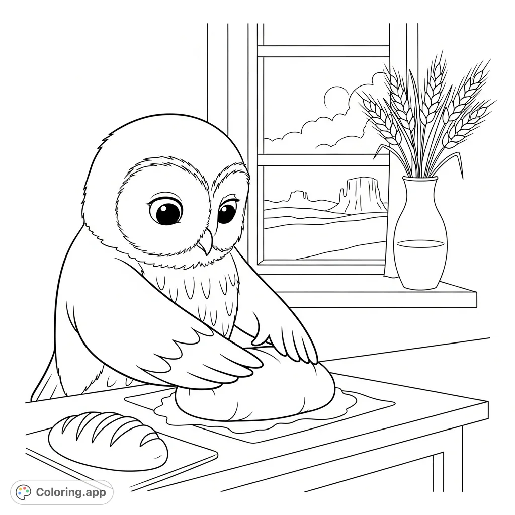 A cozy kawaii owl kneads bread dough in a charming kitchen scene, complete with a shaped loaf, flour-dusted counter, and a serene window view.