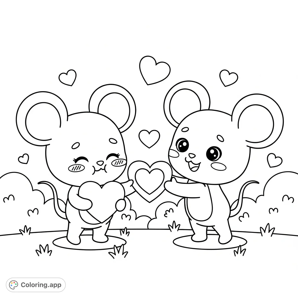A heartwarming kawaii valentine coloring page featuring two adorable mice exchanging a heart card, surrounded by floating hearts. Perfect for spreading love and joy!